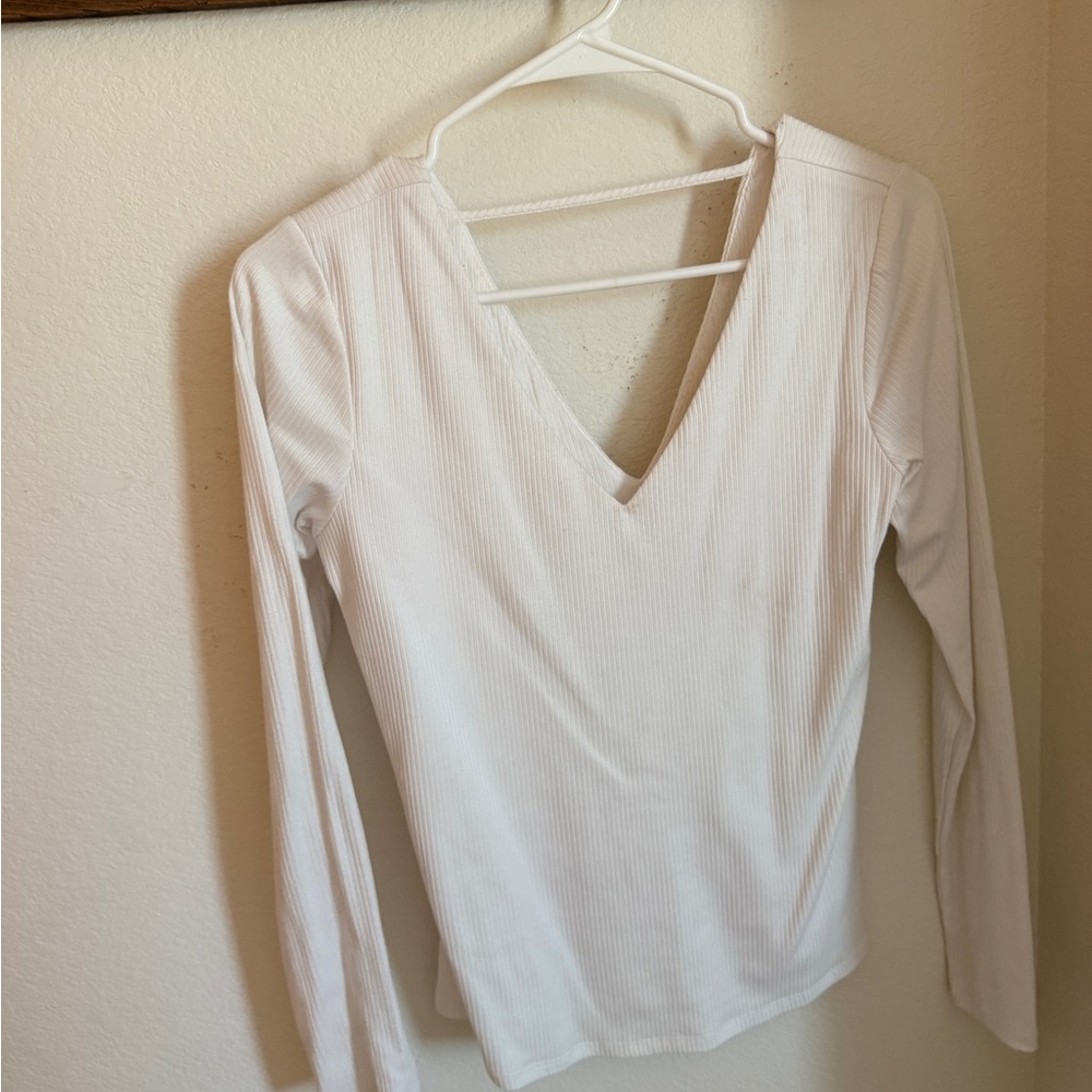 Ribbed V-Neck Long Sleeve Top in White